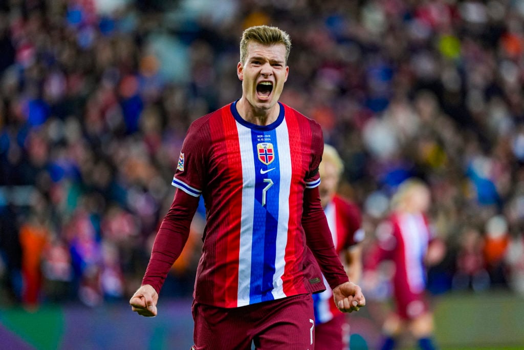 Norway's forward #07 Alexander Sorloth celebrates after scoring the 2-0 goal during the UEFA Nations League League B Group 3B football match betwee...