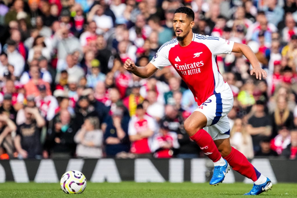 William Saliba of Arsenal FC dribbles with the ball during the Premier League match between Arsenal FC and Southampton FC at Emirates Stadium on Oc...