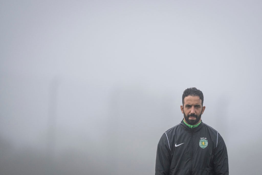 Sporting's coach Ruben Amorim attends a training session on the eve of their UEFA Champions League football match against SK Sturm Graz at the Cris...