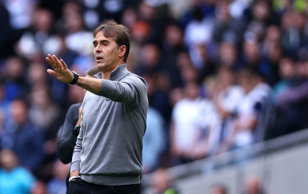 Manager of West Ham Julen Lopetegui  reacts  during the Premier League match between Tottenham Hotspur FC and West Ham United FC at Tottenham Hotsp...