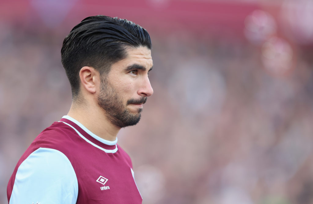 West Ham United's Carlos Soler during the Premier League match between West Ham United FC and Manchester United FC at London Stadium on October 27,...