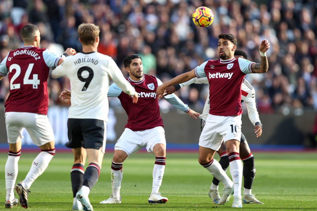 Lucas Paqueta of West Ham United during the Premier League match between West Ham United FC and Manchester United FC at London Stadium on October 2...