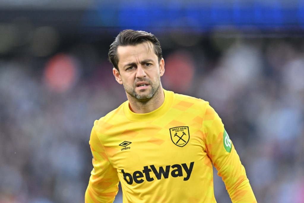 Goalkeeper Lukasz Fabianski (1 West Ham) looks on during the Premier League match between West Ham United and Manchester United at the London Stadi...