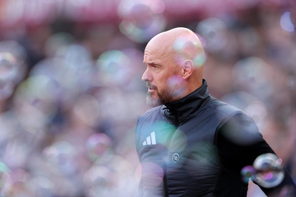 Erik ten Hag, manager of Manchester United,  during the Premier League match between West Ham United FC and Manchester United FC at London Stadium ...