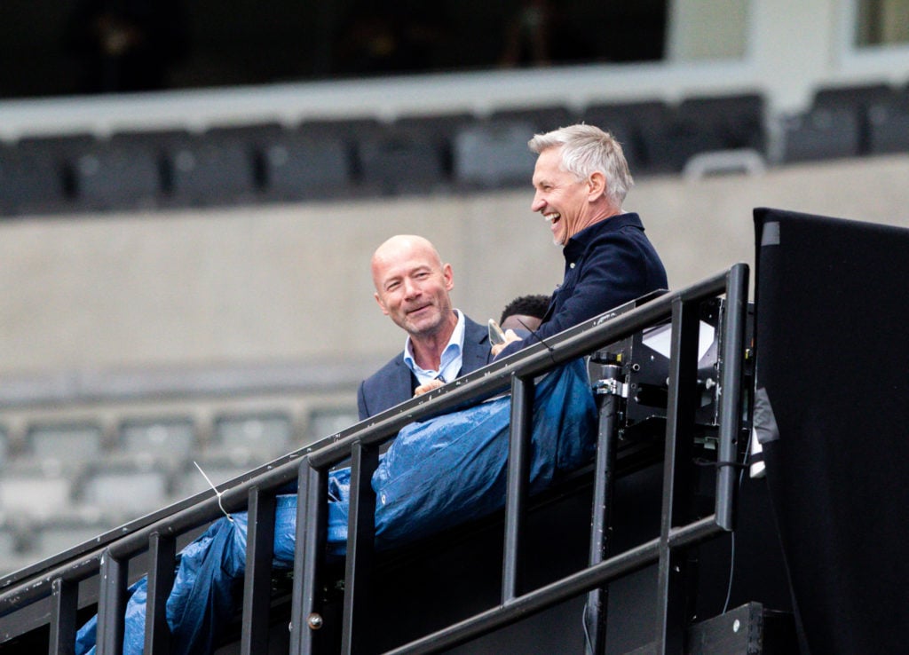 Alan Shearer and Gary Lineker share a joke from their makeshift BBC studio during the FA Cup Quarter Final match between Newcastle United and Manch...