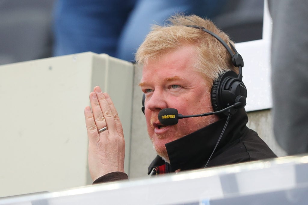 TalkSport presenter Adrian Durham looks on during the Premier League match between Newcastle United and Leicester City at St. James Park on May 22,...