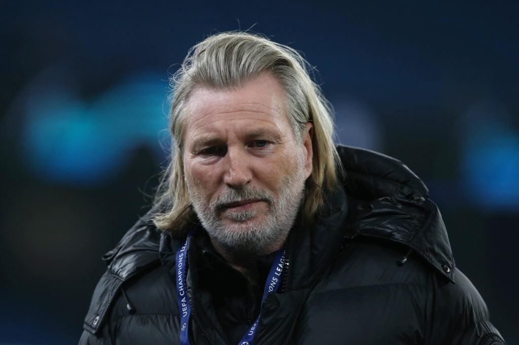 TV Presenter Robbie Savage during the UEFA Champions League 2023/24 round of 16 second leg match between Manchester City and F.C. Copenhagen at Eti...