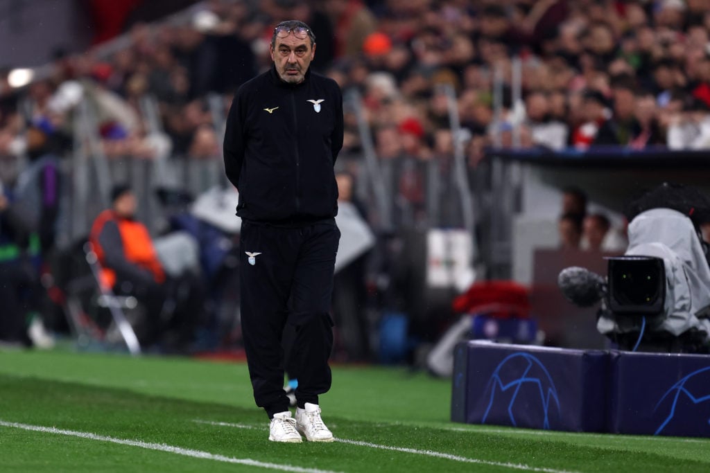 Maurizio Sarri of SS Lazio looks on during the UEFA Champions League 2023/24 round of 16 second leg match between FC Bayern München and SS Lazio at...