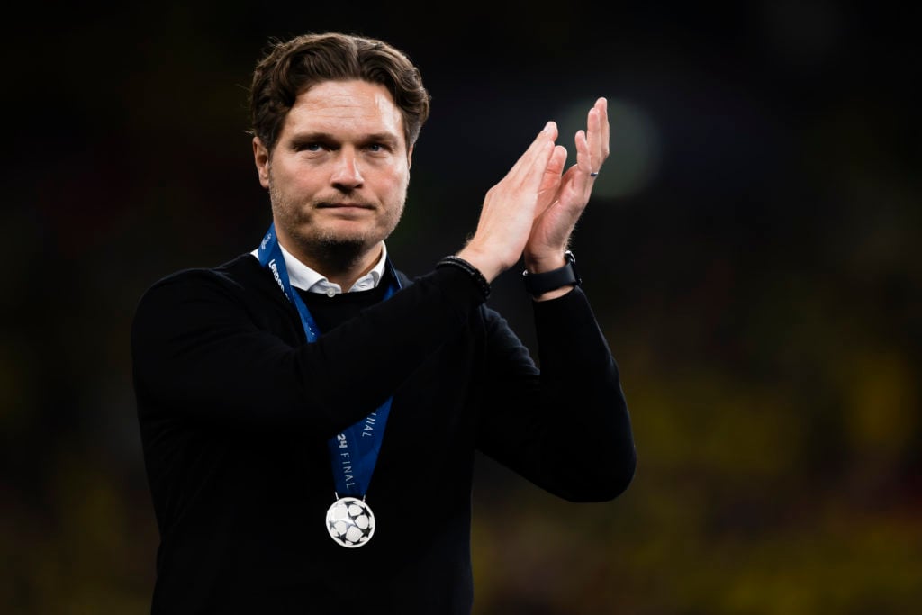 Edin Terzic, head coach of Borussia Dortmund, gestures during the award ceremony following the UEFA Champions League final football match between B...