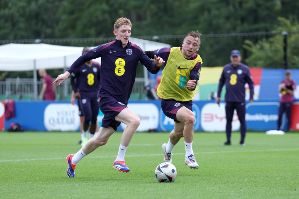 Anthony Gordon and Jarrod Bowen of England battle for possession during a training session at Spa & Golf Resort Weimarer Land on July 12, 2024 ...