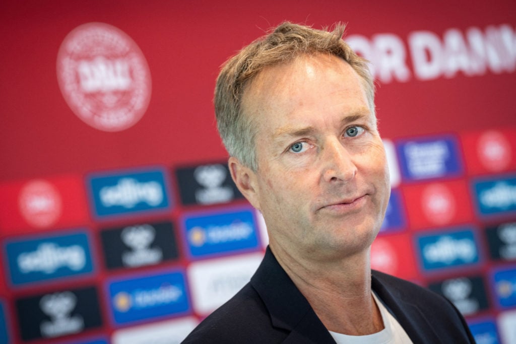 Denmark's Kasper Hjulmand is pictured during a meeting with the press at the Danish Football Association in Broendby, suburb of Copenhagen, on July...