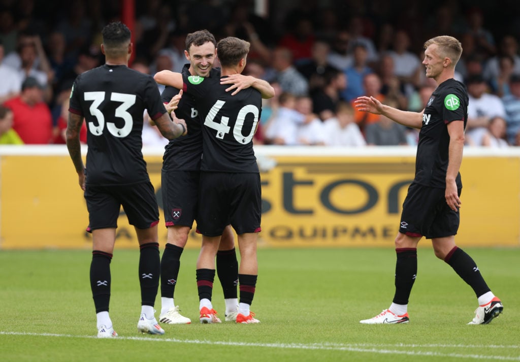 West Ham United's Andy Irving celebrates scoring his side's first goal with George Earthy, Emerson Palmieri and James Ward-Prowse during the Pre-Se...