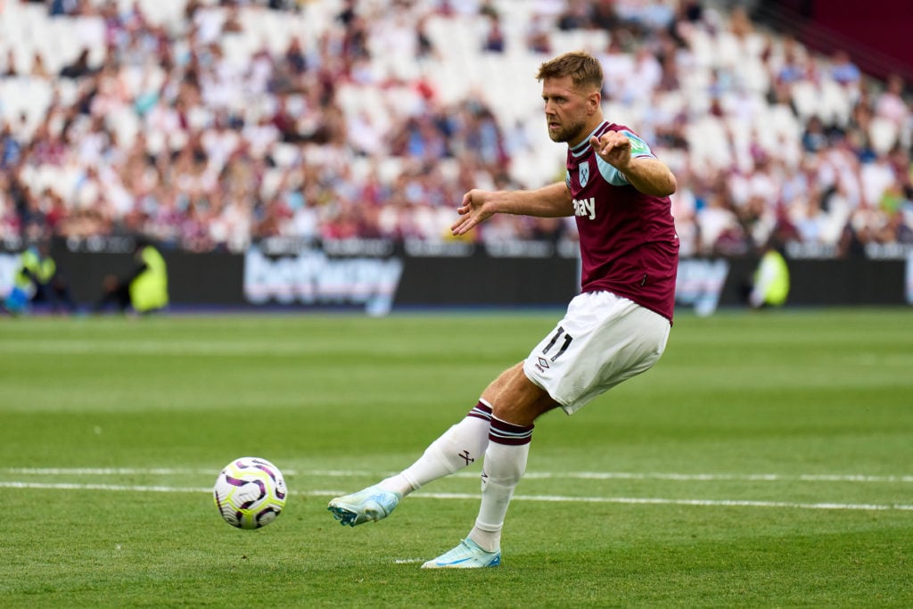 Niclas Fullkrug of West Ham United misses a penalty in the penalty shoot out during the Pre-Season Friendly match between West Ham United and Celta...