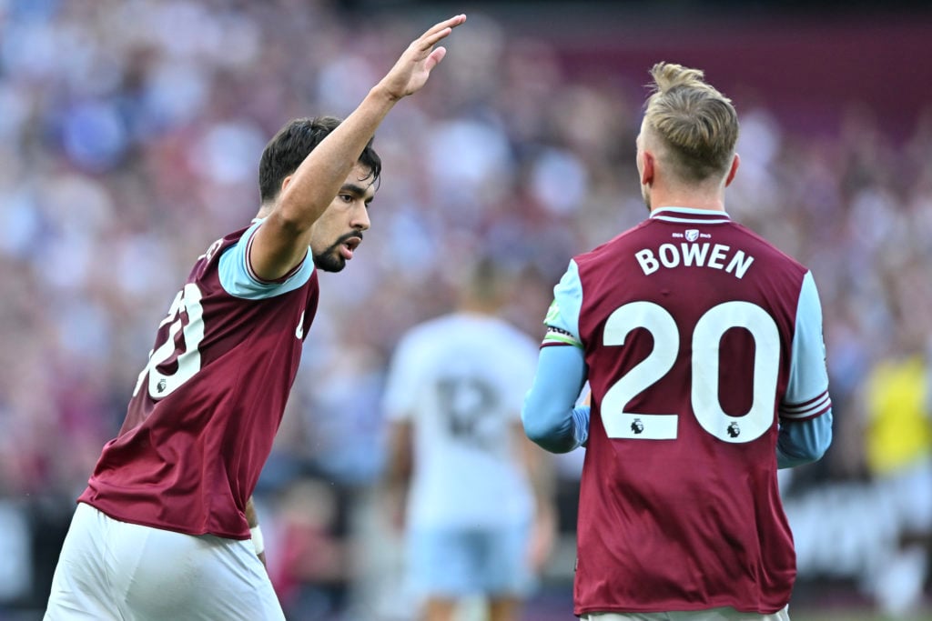 Lucas Paqueta of West Ham United celebrates with Jarrod Bowen of West Ham United after scoring the equalising goal during the Premier League match ...