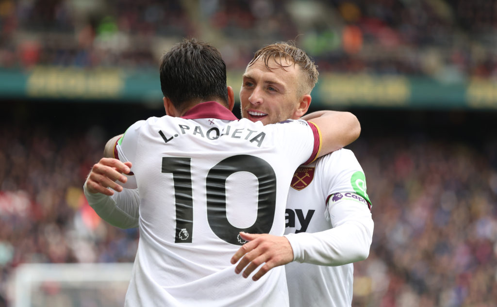 Jarrod Bowen and Lucas Paqueta during Crystal Palace FC v West Ham United FC - Premier League