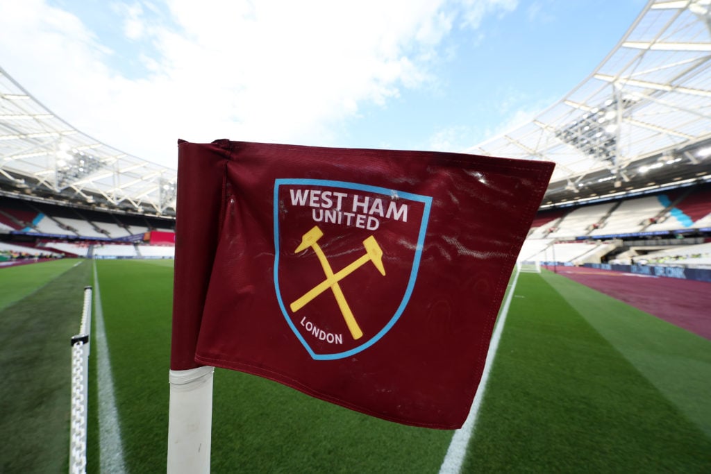 A West Ham United corner flag is seen inside the stadium prior to the Carabao Cup Second Round match between West Ham United and AFC Bournemouth at...