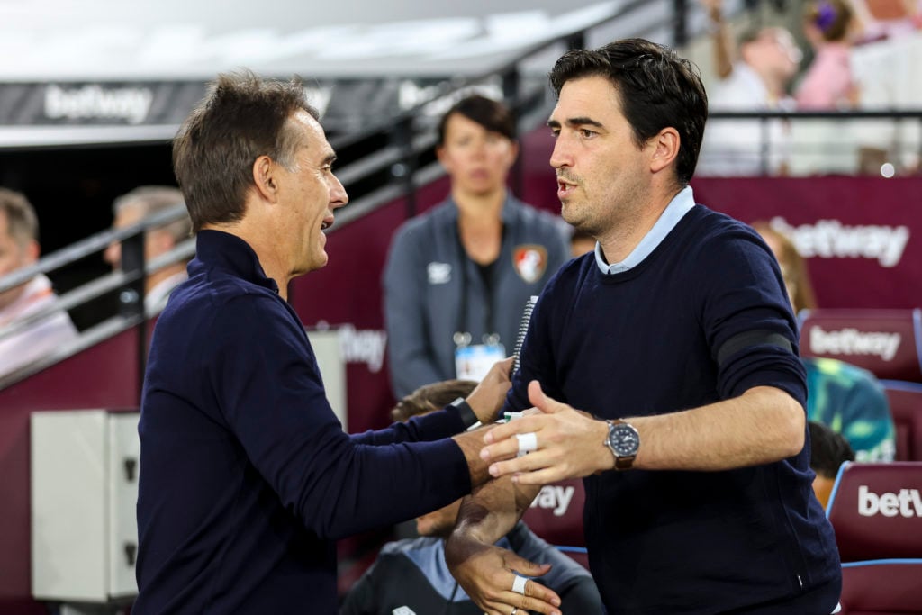 Head Coaches Julen Lopetegui of West Ham United and Andoni Iraola of Bournemouth during the Carabao Cup Second Round match between West Ham United ...