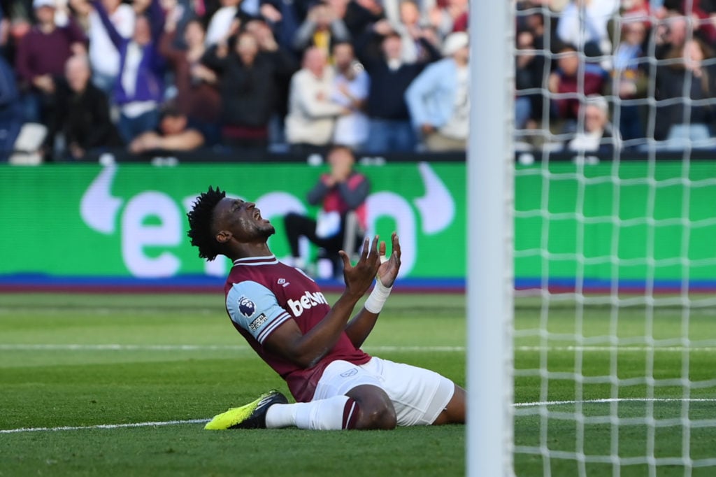 Mohammed Kudus of West Ham United reacts after missing a chance during the Premier League match between West Ham United FC and Ipswich Town FC at L...