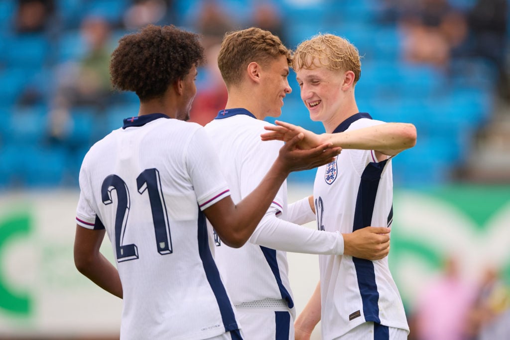 Airidas Golambeckis of England celebrates after scoring the teams third goal during the International match between England U18 and Ukraine U18 at ...