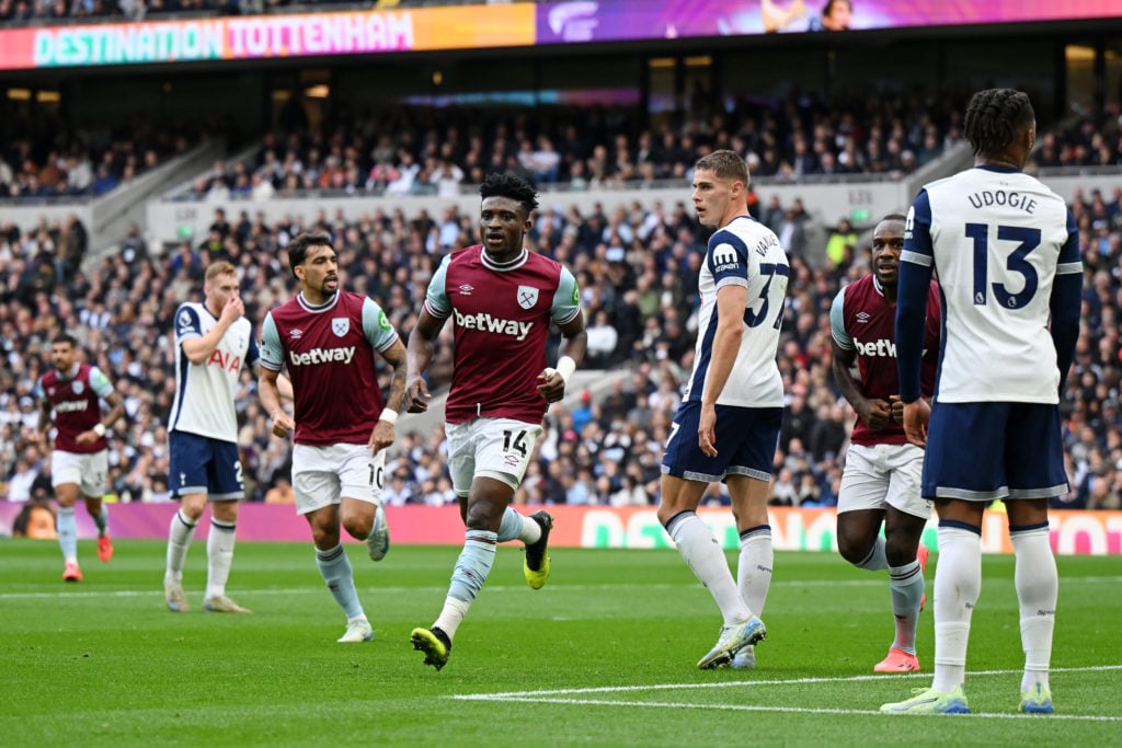 Mohammed Kudus of West Ham United celebrates scoring his team's first goal during the Premier League match between Tottenham Hotspur FC and West Ha...