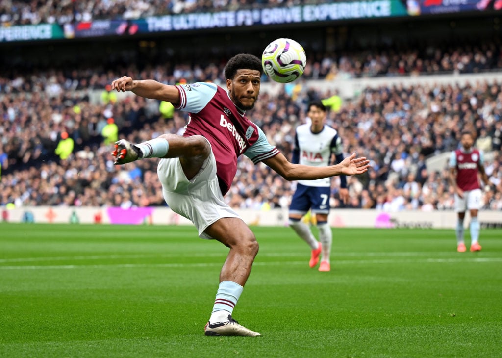 Jean-Clair Todibo of West Ham United crosse the ball during the Premier League match between Tottenham Hotspur FC and West Ham United FC at Tottenh...