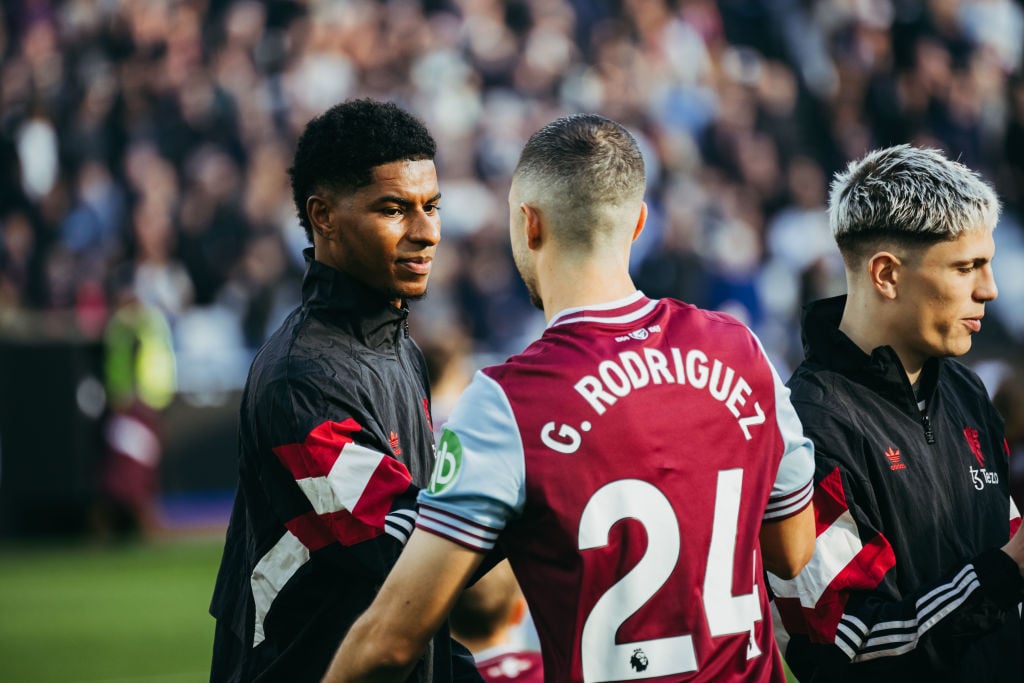 Marcus Rashford of Manchester United reacts to Guido Rodriguez of West Ham prior to the Premier League match between West Ham United FC and Manches...