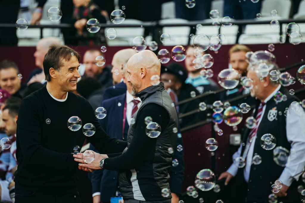 Manchester United Head Coach / Manager Erik ten Hag reacts to West Ham Manager Julen Lopetegui prior to the Premier League match between West Ham U...