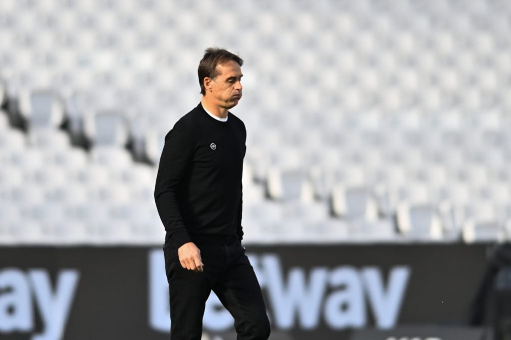 Manager Julen Lopetegui puffs his cheeks as he walks onto the pitch prior to the Premier League match between West Ham United and Manchester United...