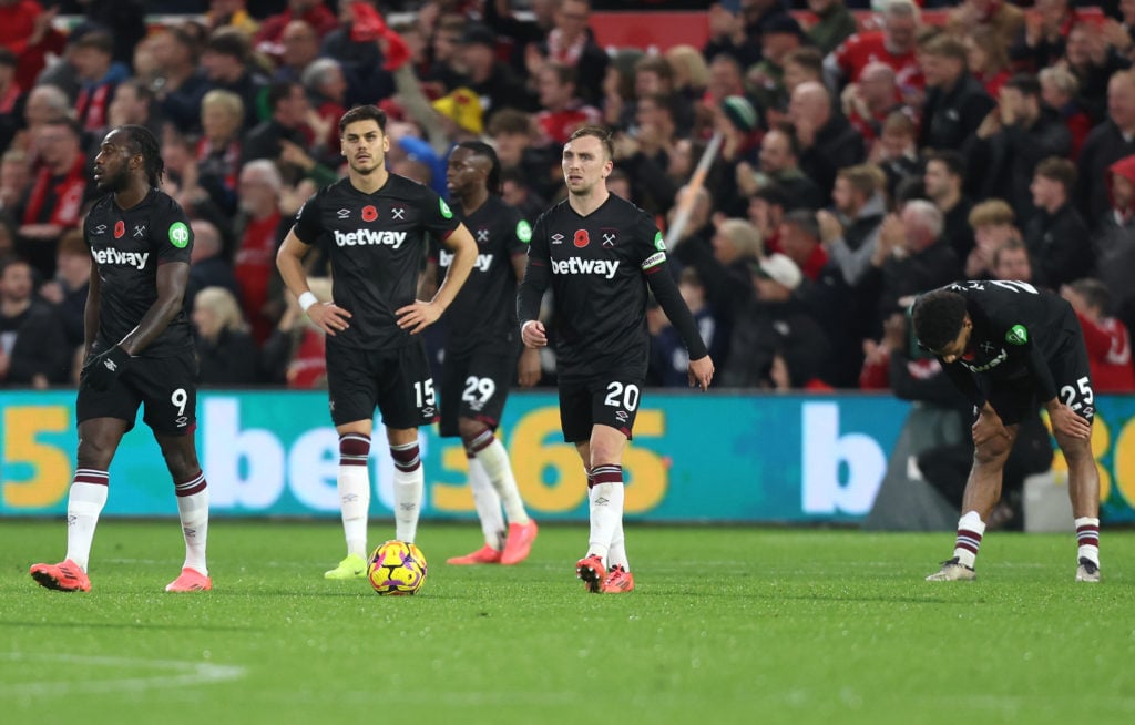 Dejection for West Ham United during the Premier League match between Nottingham Forest FC and West Ham United FC at City Ground on November 2, 202...