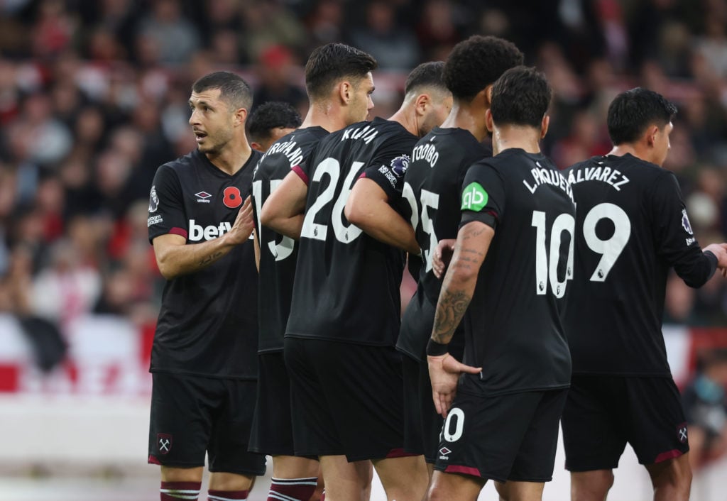 West Ham United's Guido Rodriguez organises his side's defensive wall during the Premier League match between Nottingham Forest FC and West Ham Uni...