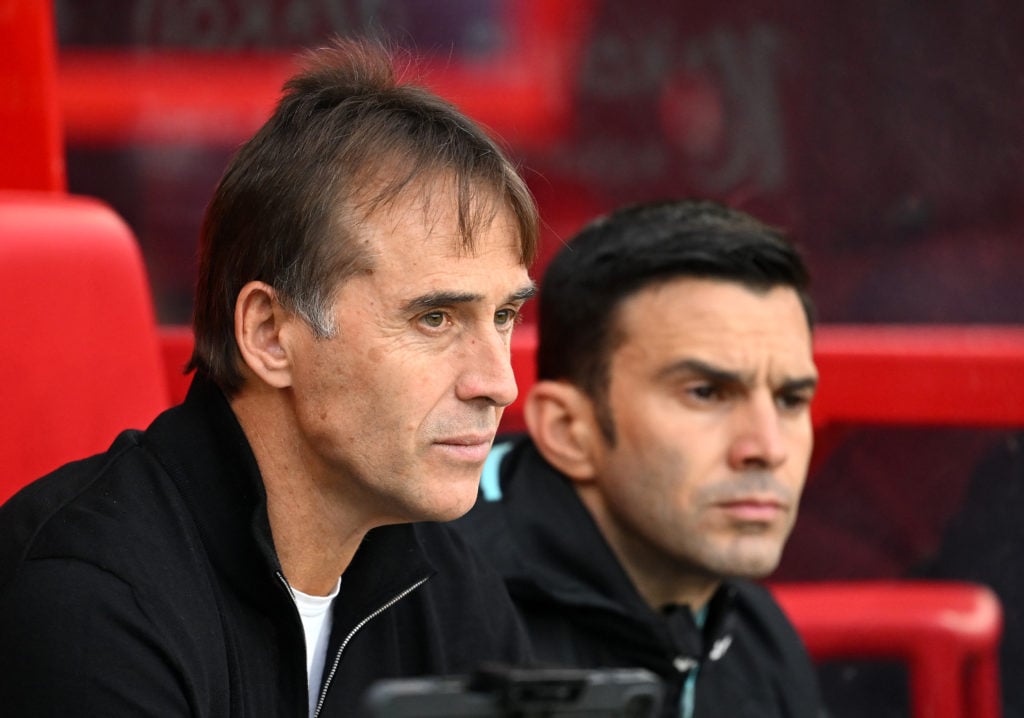 Julen Lopetegui, Manager of West Ham United, looks on prior to the Premier League match between Nottingham Forest FC and West Ham United FC at City...