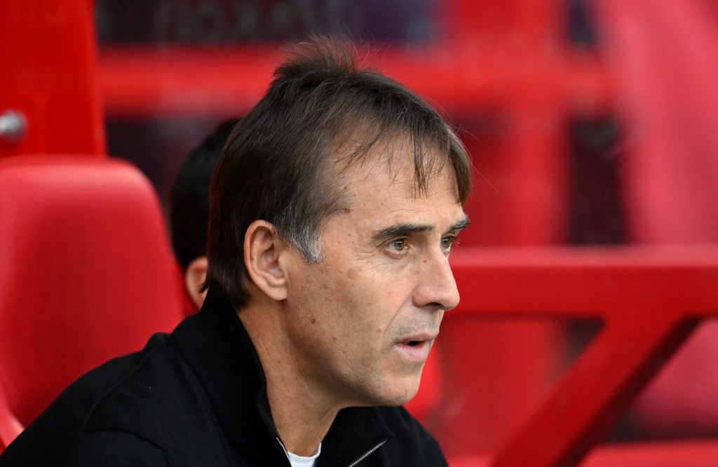 Julen Lopetegui, Manager of West Ham United, looks on prior to the Premier League match between Nottingham Forest FC and West Ham United FC at City...