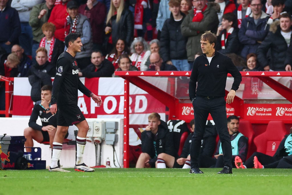 Julen Lopetegui, Manager of West Ham United, reacts after Edson Alvarez of West Ham United is shown a red card following a second yellow card by Re...