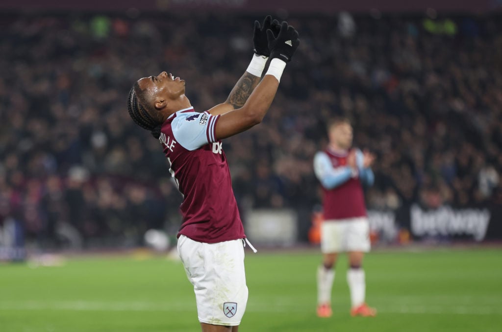 West Ham United's Crysencio Summerville after hitting the post in the second half during the Premier League match between West Ham United FC and Ev...