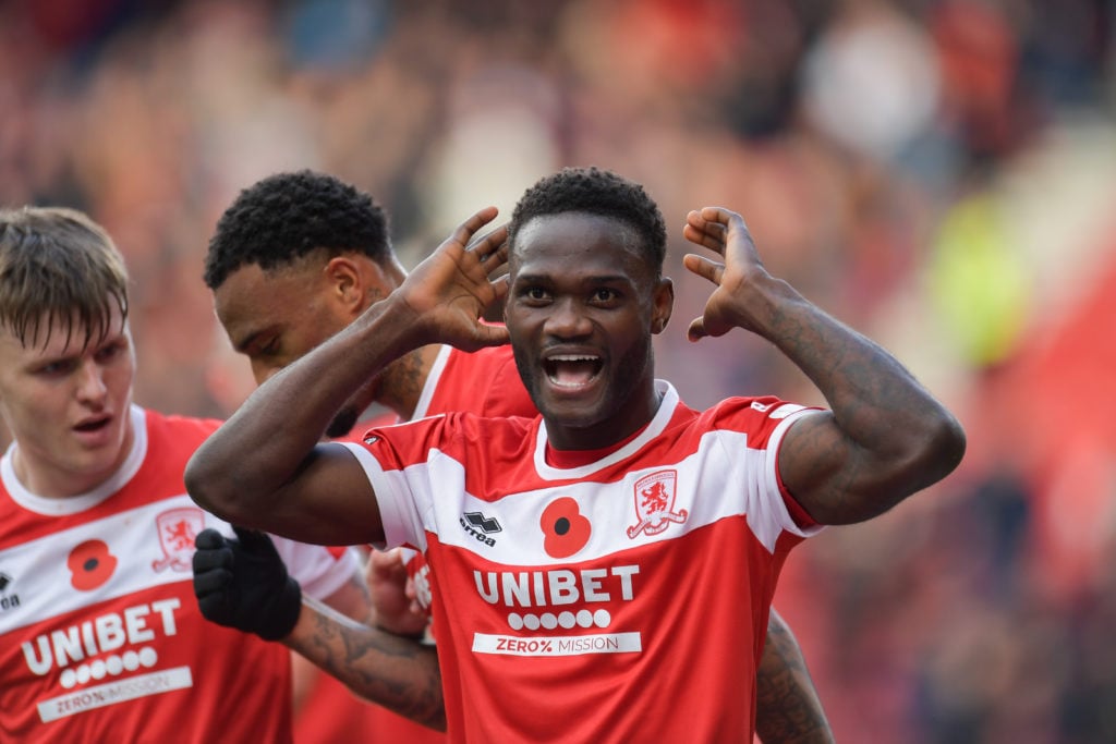 Emmanuel Latte Lath of Middlesbrough celebrates putting Middlesbrough 2-0 up during the Sky Bet Championship match between Middlesbrough and Luton ...