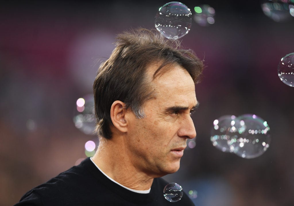 Julen Lopetegui, Manager of West Ham United, looks on prior to the Premier League match between West Ham United FC and Everton FC at London Stadium...