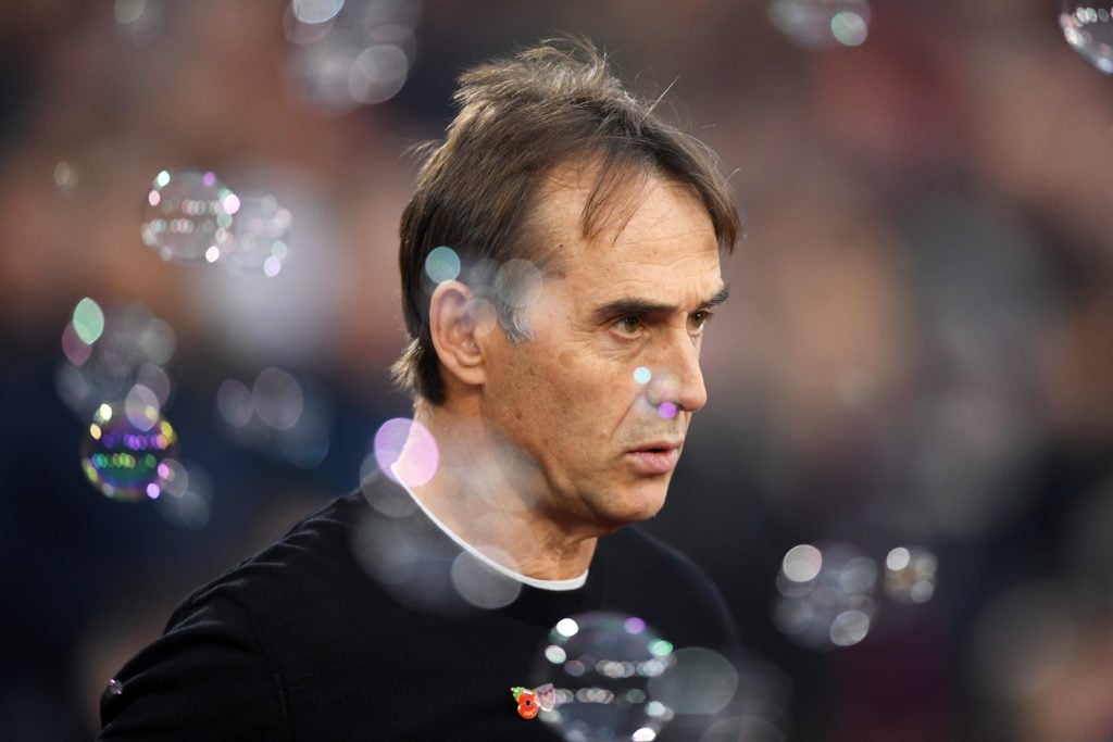 Julen Lopetegui, Manager of West Ham United, looks on prior to the Premier League match between West Ham United FC and Everton FC at London Stadium...