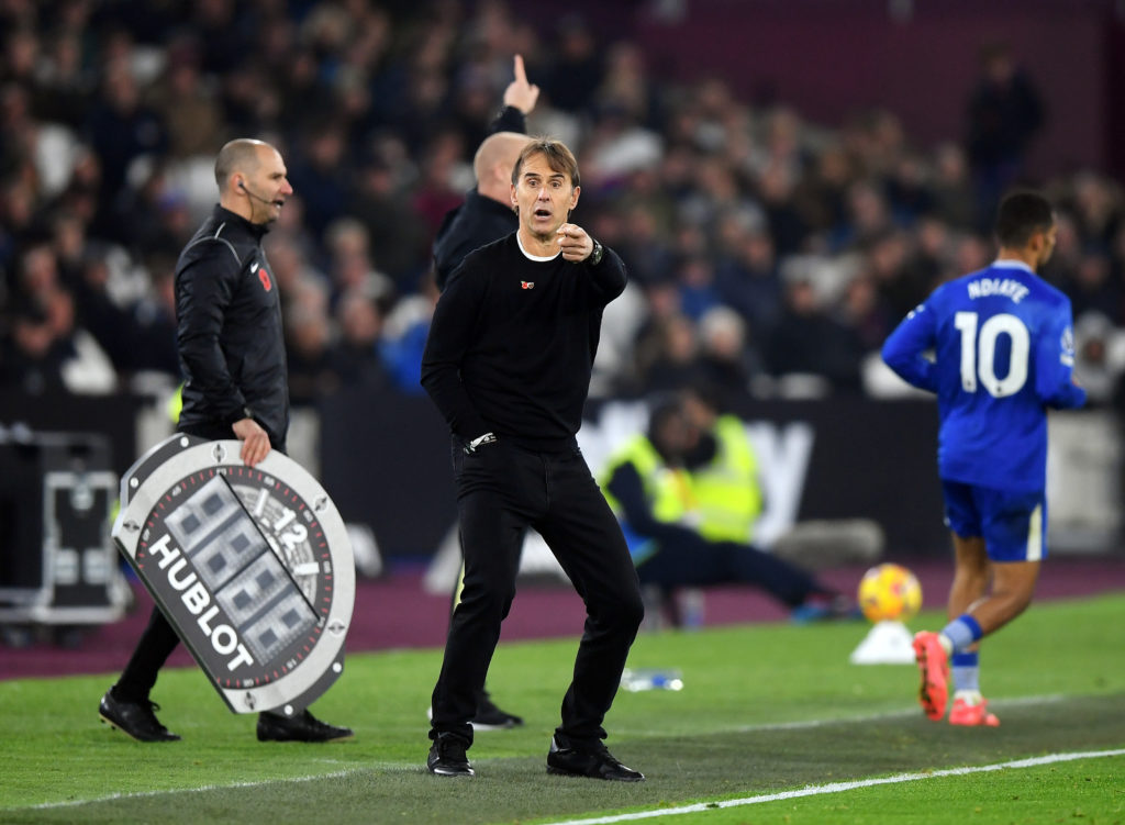 Julen Lopetegui, Manager of West Ham United, reacts during the Premier League match between West Ham United FC and Everton FC at London Stadium on ...