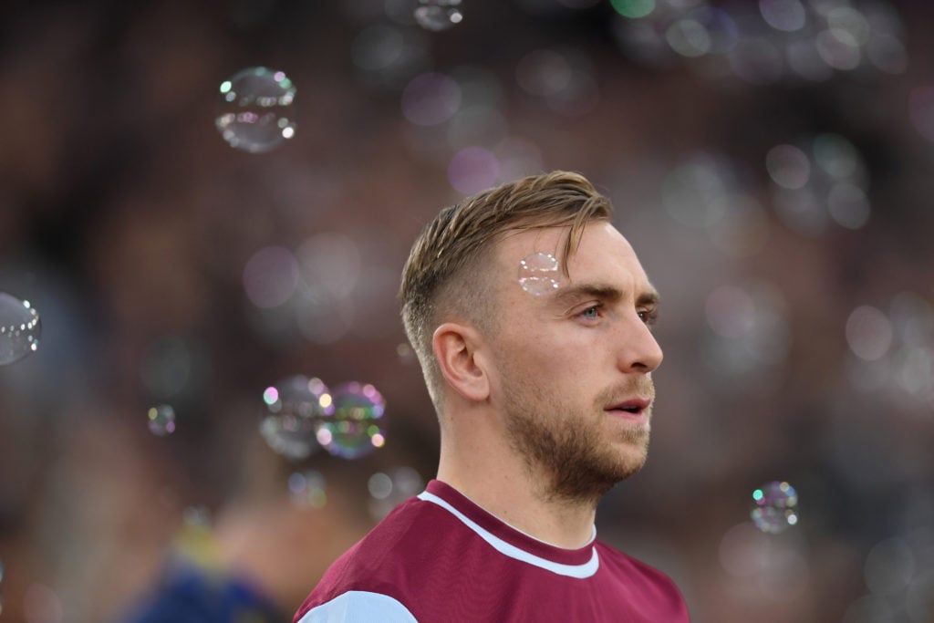 Jarrod Bowen of West Ham United looks on prior to the Premier League match between West Ham United FC and Everton FC at London Stadium on November ...