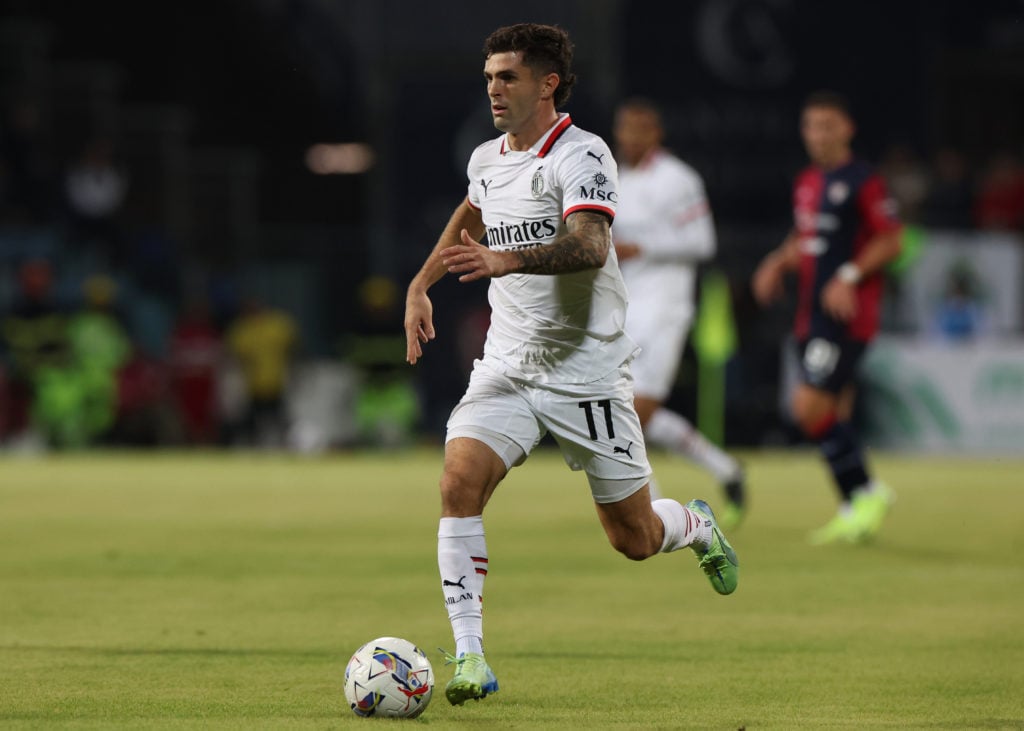 Christian Pulisic of AC Milan in action during the Serie A match between Cagliari and Milan at Sardegna Arena on November 09, 2024 in Cagliari, Italy.