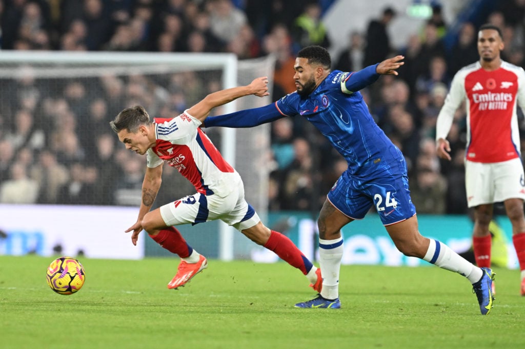 Leandro Trossard of Arsenal breaks pastr Reece James of Chelsea during the Premier League match between Chelsea FC and Arsenal FC at Stamford Bridg...