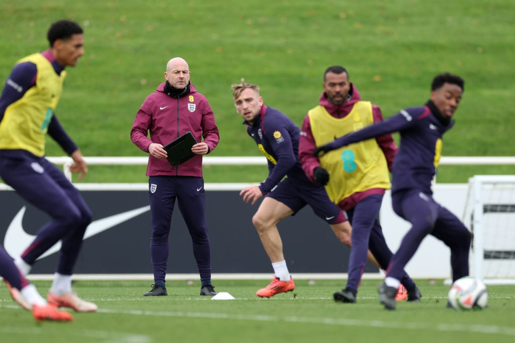 Lee Carsley, Interim Head Coach of England, looks on during a training session at St Georges Park on November 12, 2024 in Burton-upon-Trent, England.