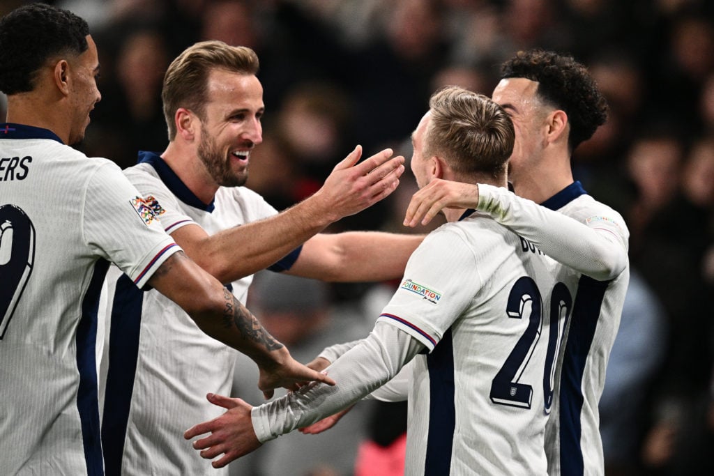 Jarrod Bowen of England celebrate with Harry Kane after scoring the fourth goal during the UEFA Nations League 2024/25 League B Group B2 match betw...