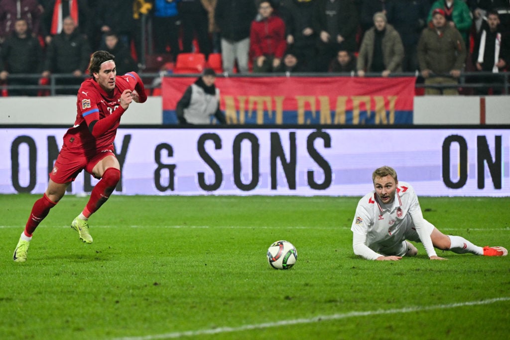 Serbia's forward #23 Dusan Vlahovic (L) fights for the ball with Denmark's defender #04 Victor Nelsson during the UEFA Nations League, League A Gro...