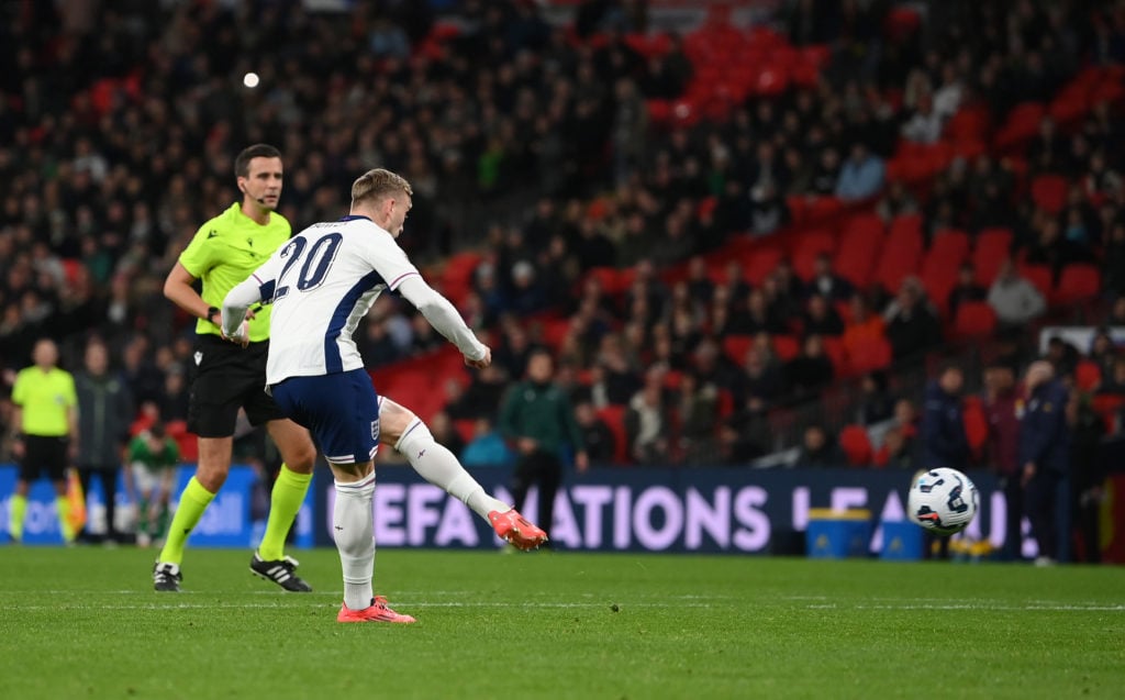 Jarrod Bowen of England scores his team's fourth goal during the UEFA Nations League 2024/25 League B Group B2 match between England and Republic o...