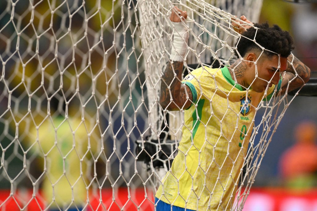 Igor Jesus of Brazil looks dejected during the South American FIFA World Cup 2026 Qualifier match between Brazil and Uruguay at Arena Fonte Nova on...