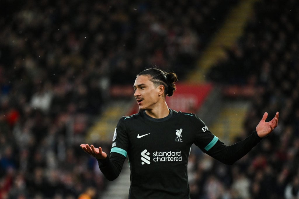 Liverpool's Uruguayan striker #09 Darwin Nunez reacts after missing a chance during the English Premier League football match between Southampton a...