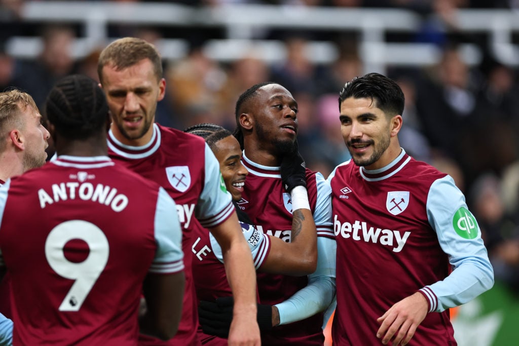 Aaron Wan-Bissaka of West Ham United celebrates after scoring a goal to make it 0-2 during the Premier League match between Newcastle United FC and...