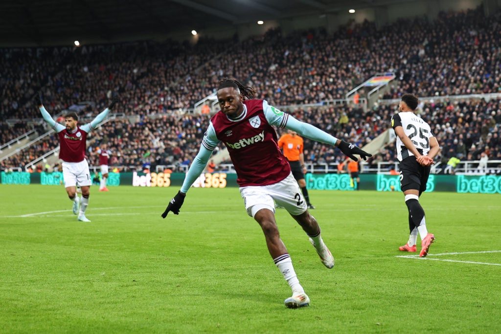 Aaron Wan-Bissaka of West Ham United celebrates after scoring a goal to make it 0-2 during the Premier League match between Newcastle United FC and...