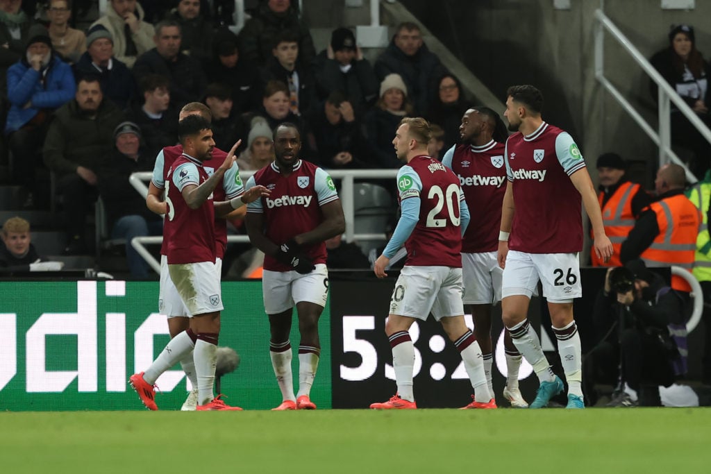 Aaron Wan-Bissaka of West Ham United celebrates with his teammates after scoring their second goal during the Premier League match between Newcastl...